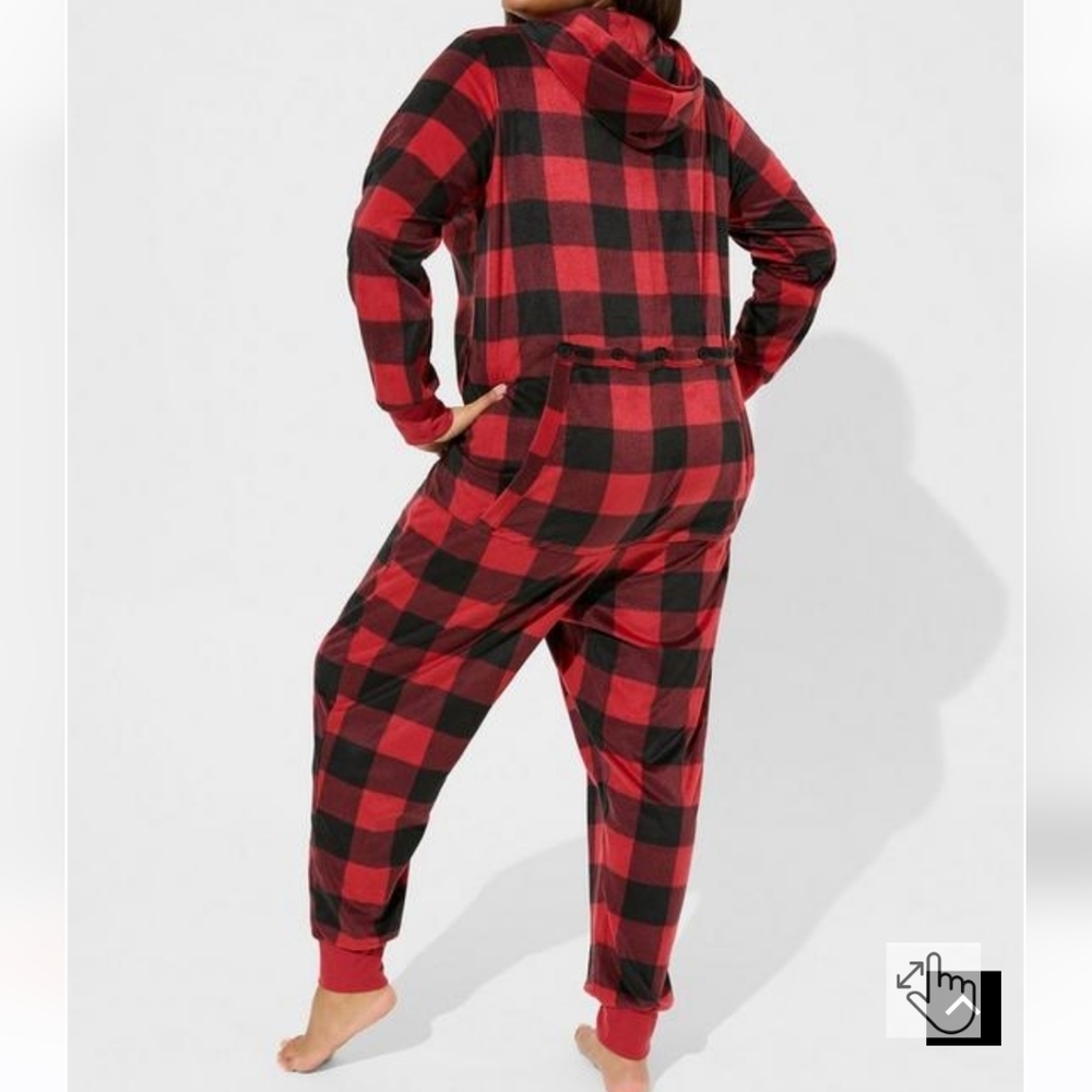 🆕️ 1X / 2X BUFFALO PLAID FLEECE HOODED BACK FLAP LOUNGING ONESIE - Picture 6 of 7
